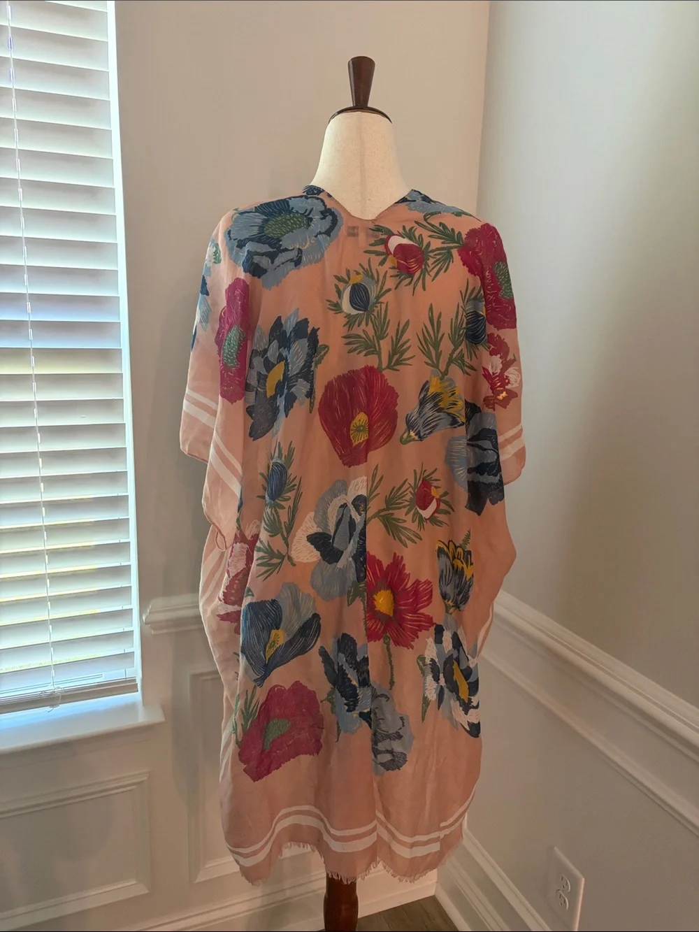 Woven Heart Blush Floral Kimono Cover-Up with Blue & Magenta Blooms | one size